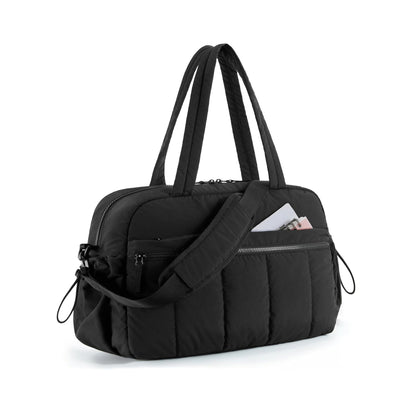 Black Large Capacity Quilted Travel Tote Bag - Waterproof Gym Duffel with Wet Pocket (42x19x30cm)