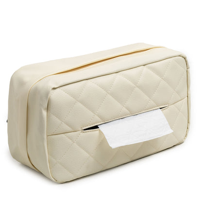 White Universal Leather Car Tissue Box Holder - Visor, Armrest & Seat Back Mount