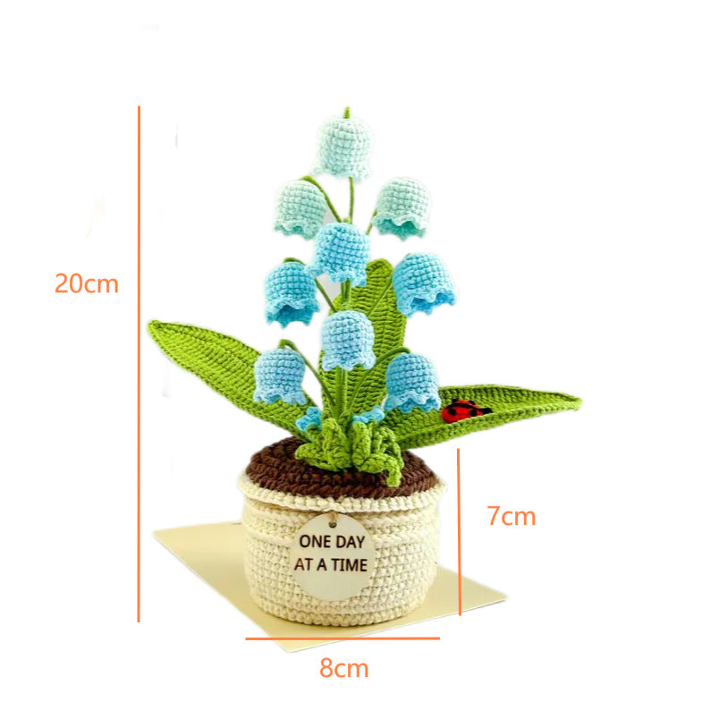 White Handmade Crochet Lily of the Valley Potted Plant - Gradient Blue Flower Decor Gift - Image 2