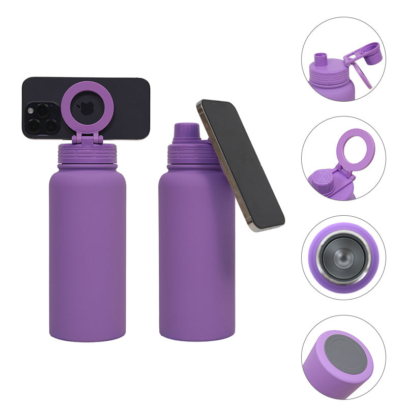 Purple Premium 35oz Stainless Steel Insulated Sports Bottle with Magnetic Phone Holder Lid - Image 2