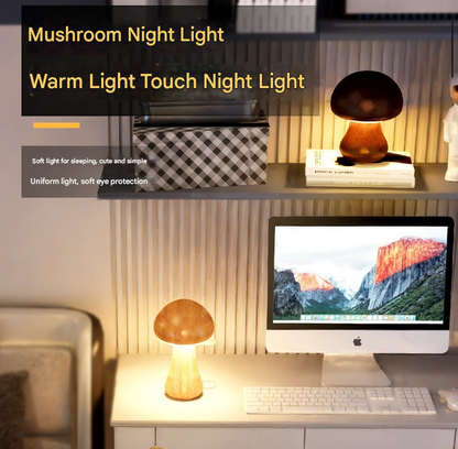 Brown Solid Wood Mushroom LED Table Lamp - Rechargeable Touch Control Bedside Night Light (Large) - Image 2