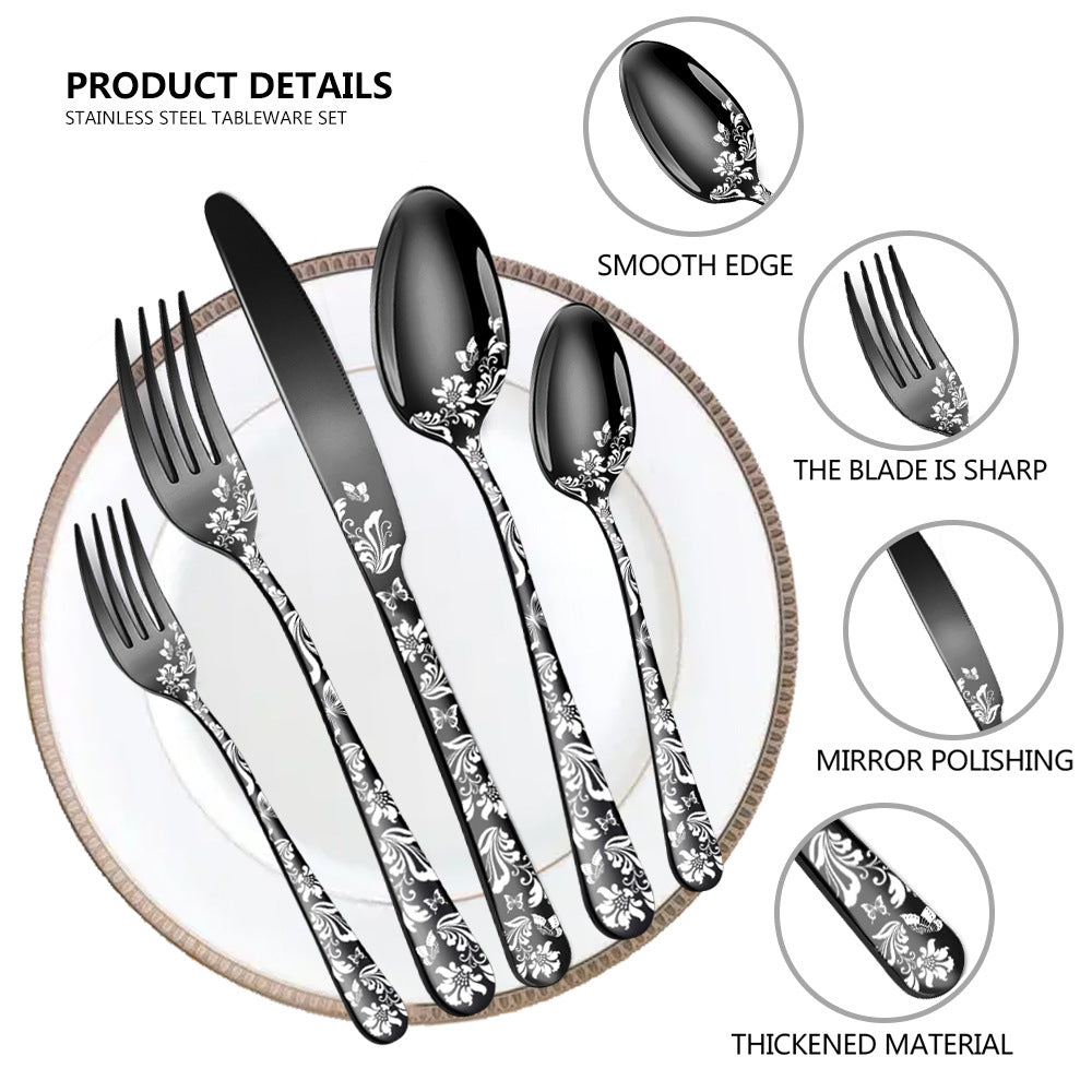 Gold Elegant 20-Piece Stainless Steel Cutlery Set with Floral Design - Dinner & Steak Knives, Forks, Spoons - Image 2