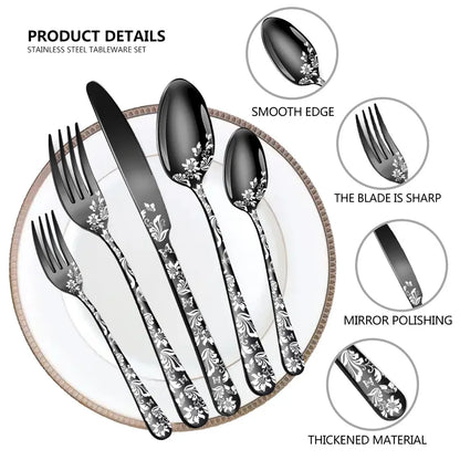 Multicolor Elegant 20-Piece Stainless Steel Cutlery Set with Floral Design - Dinner & Steak Knives, Forks, Spoons - Image 2