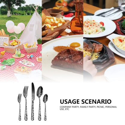 Multicolor Elegant 20-Piece Stainless Steel Cutlery Set with Floral Design - Dinner & Steak Knives, Forks, Spoons - Image 3