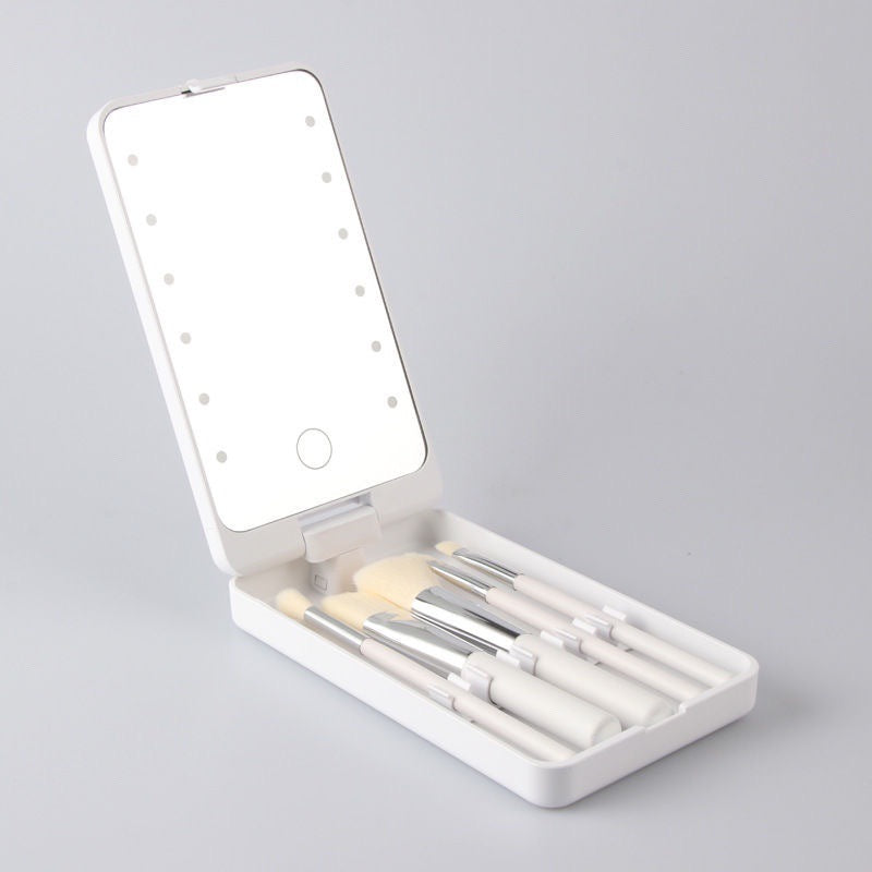 White LED Lighted Makeup Mirror with 5-Piece Cosmetic Brush Set and Dustproof Storage Case