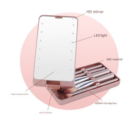 Pink LED Lighted Makeup Mirror with 5-Piece Cosmetic Brush Set and Dustproof Storage Case - Image 2