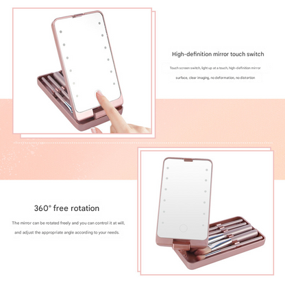 Black LED Lighted Makeup Mirror with 5-Piece Cosmetic Brush Set and Dustproof Storage Case - Image 4