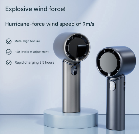 Grey Mini Bladeless Handheld Fan - USB Rechargeable, Quiet Portable Desk Fan - Image 2