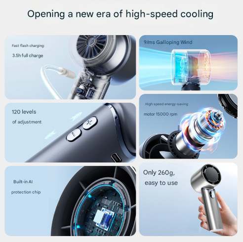 Blue Mini Bladeless Handheld Fan - USB Rechargeable, Quiet Portable Desk Fan - Image 5