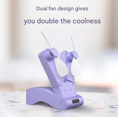 Purple Creative Dual-Head Folding Handheld Fan - USB Rechargeable, 3-Speed Strong Wind, 10.5x4.5x4cm - Image 2