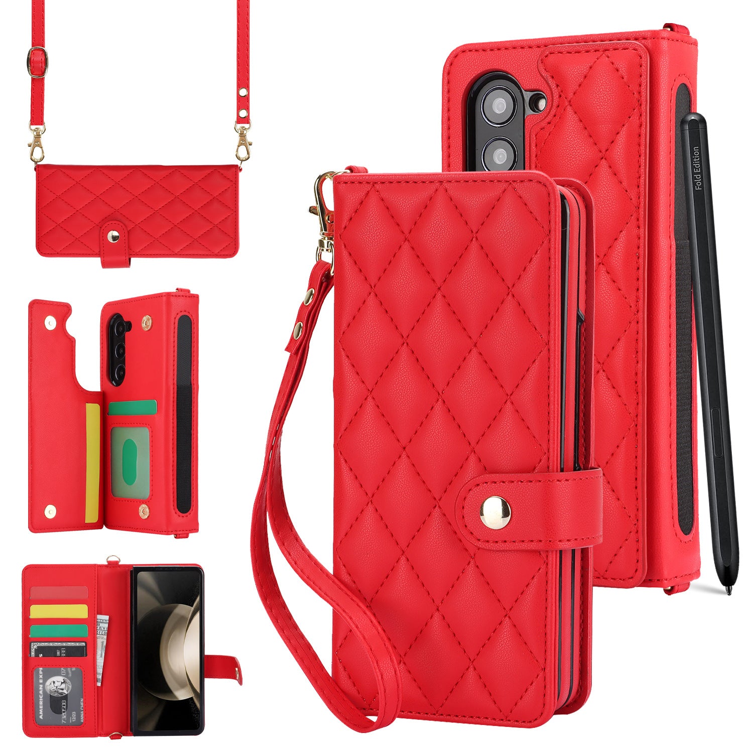Galaxy Z Fold5 Multi-Functional Leather Wallet Case for Samsung Z Fold Series - Crossbody with Pen Slot, Quilted Design Pen Not Included