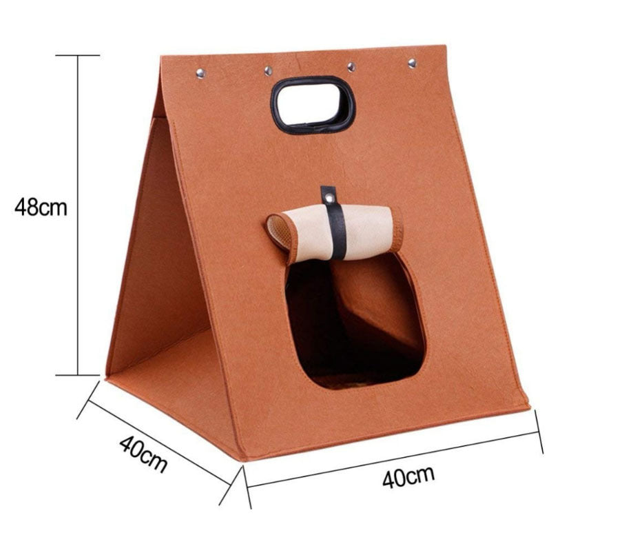 Khaki Cozy A-Frame Felt Pet Teepee - Foldable & Portable Cat Cave Bed with Easy Carry Handle - Image 2