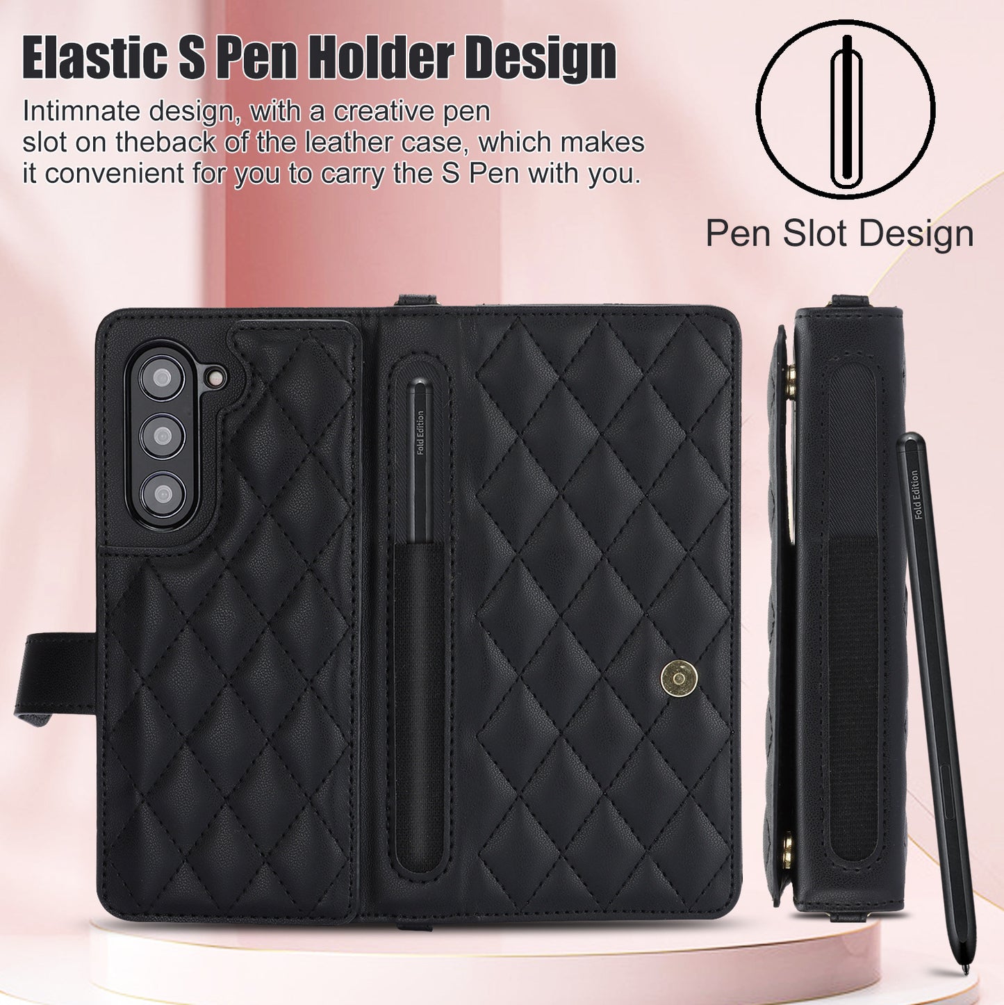 Purple Galaxy Z Fold4 Multi-Functional Leather Wallet Case for Samsung Z Fold Series - Crossbody with Pen Slot, Quilted Design Pen Not Included - Image 7
