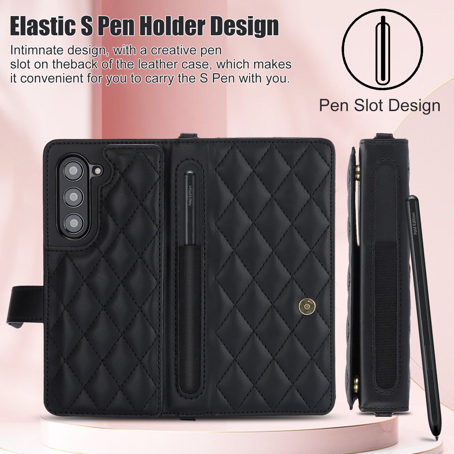 Purple Galaxy Z Fold6 Multi-Functional Leather Wallet Case for Samsung Z Fold Series - Crossbody with Pen Slot, Quilted Design Pen Not Included - Image 7