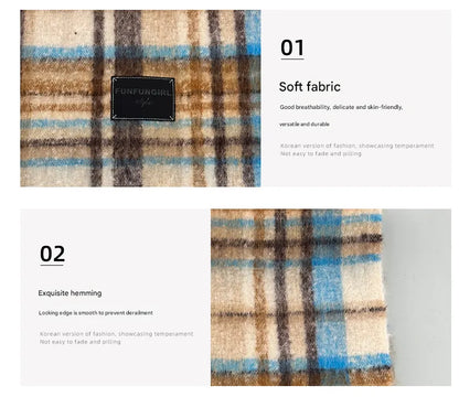 Red-yellow Plaid Color-Block Women's Scarf - Autumn/Winter Thick Warm Neck Wrap with Tassels - Image 3