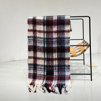 Red-blue Plaid Color-Block Women's Scarf - Autumn/Winter Thick Warm Neck Wrap with Tassels