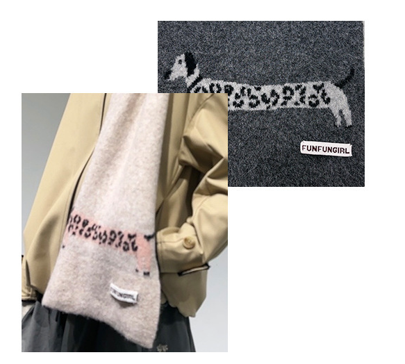 Red Cute Korean-Style Wool Scarf with Dog Design - Unisex Knitted Winter Neck Wrap - Image 2