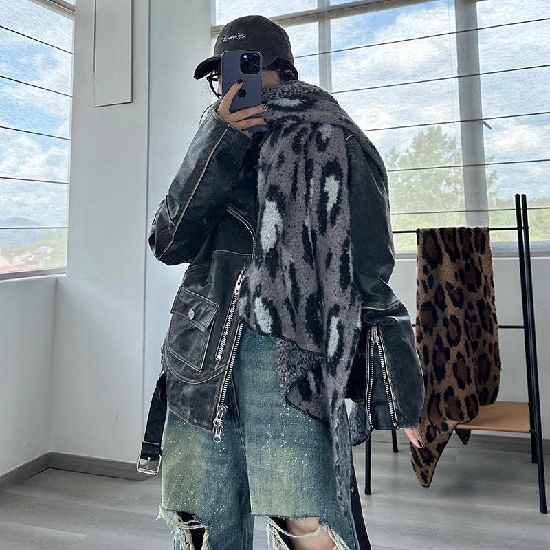Grey Leopard Luxurious Thick Faux Cashmere Knitted Shawl - Versatile 55 x 210 cm Winter Scarf - Image 2