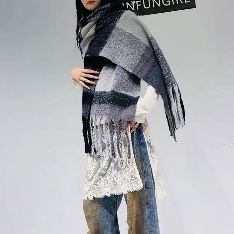 Black-grey Classic Plaid Faux Cashmere Winter Scarf - Warm and Stylish 50 x 180 cm Design
