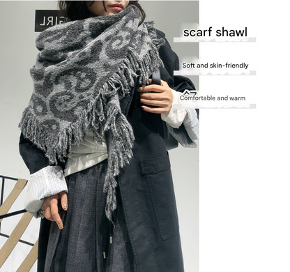 Black-white Luxurious Fringe Wool and Lambswool Scarf for Women - Thick Warm 60 x 170 cm Shawl - Image 2