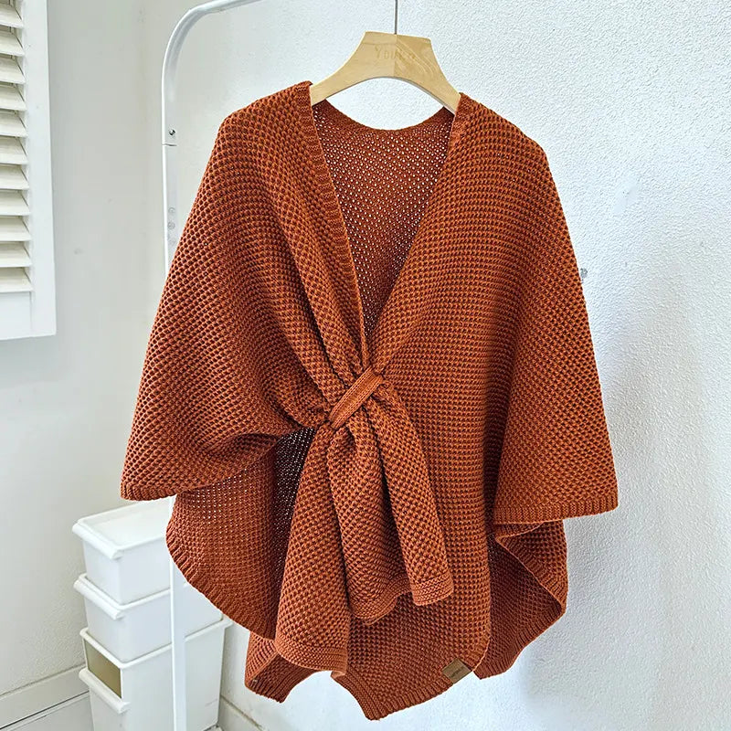 Caramel Color Luxurious Faux Cashmere Knitted Cape - Large Buckled 90 x 140 cm Women's Versatile Shawl