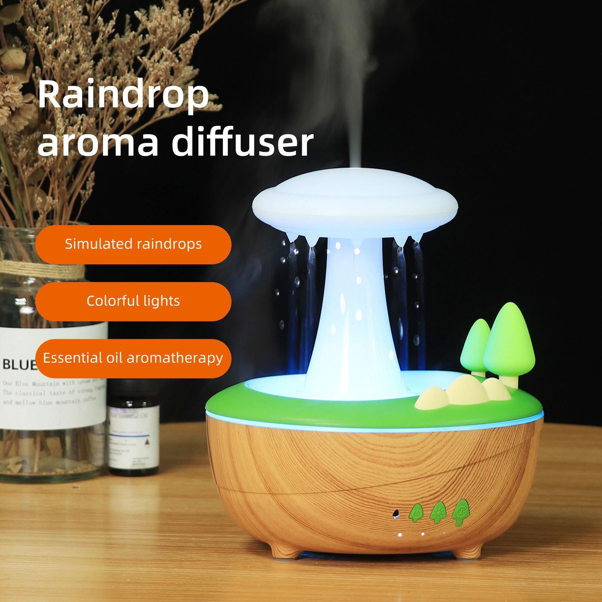 Light Woodgrain Raindrop Mushroom Aroma Diffuser - 280mL Ultrasonic Humidifier with Colorful Lights - Image 2