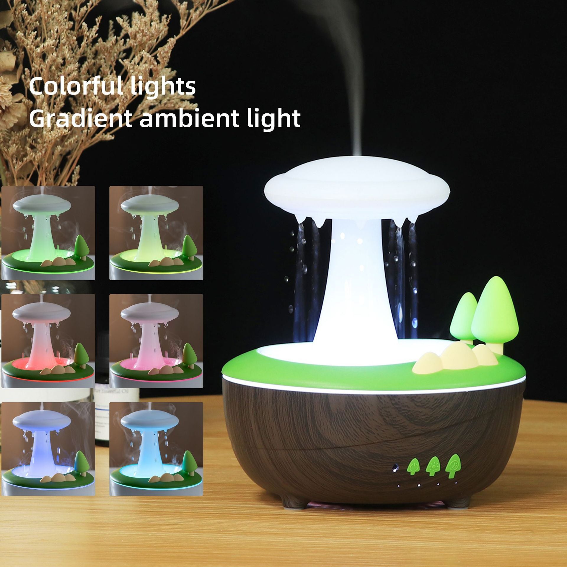 Light Woodgrain Raindrop Mushroom Aroma Diffuser - 280mL Ultrasonic Humidifier with Colorful Lights - Image 3