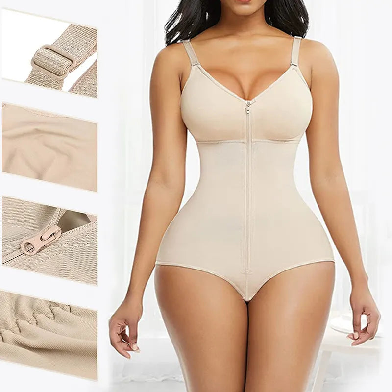 2XL Skin Color Women's Seamless Body-Shaping Onesie with Zipper - Abdomen Slimming and Hip Lifting