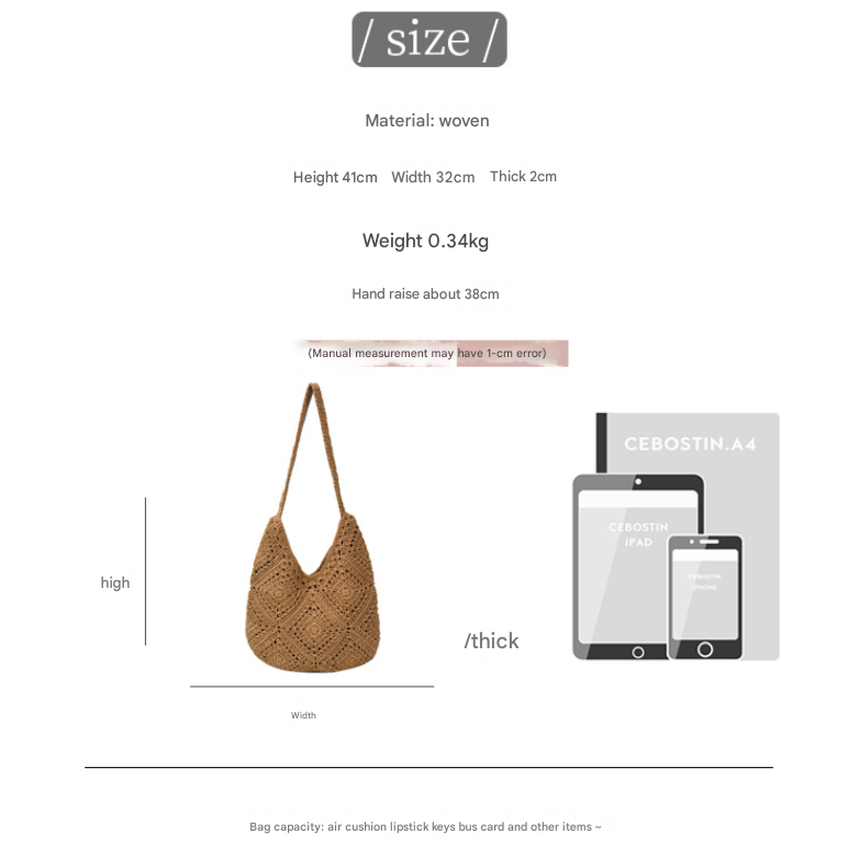 Khaki Flower-Patterned Cotton Crochet Tote Bag - Beach and Commute Essential - Image 2
