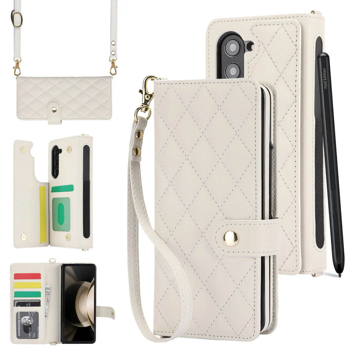 White Galaxy Z Fold3 Multi-Functional Leather Wallet Case for Samsung Z Fold Series - Crossbody with Pen Slot, Quilted Design Pen Not Included