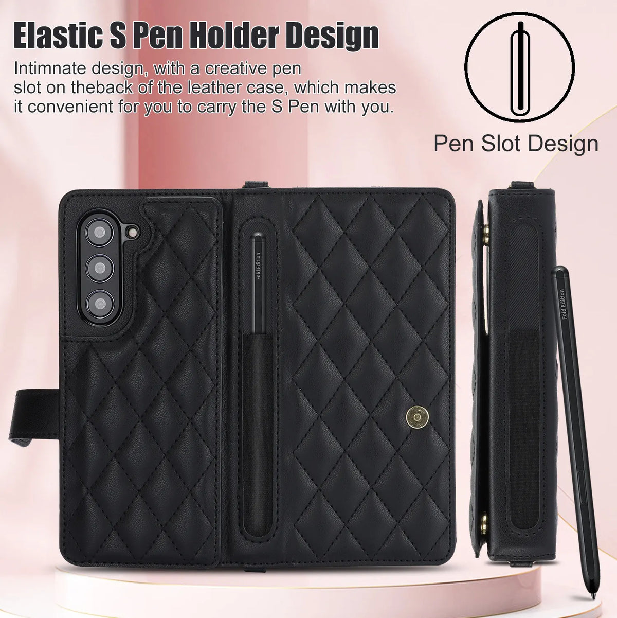 White Galaxy Z Fold3 Multi-Functional Leather Wallet Case for Samsung Z Fold Series - Crossbody with Pen Slot, Quilted Design Pen Not Included - Image 7