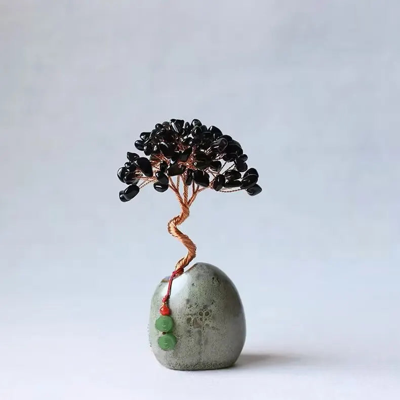 Black Obsidian Natural Crystal Wealth Tree - 12cm Feng Shui Decor, Elegant Office Desk Ornament