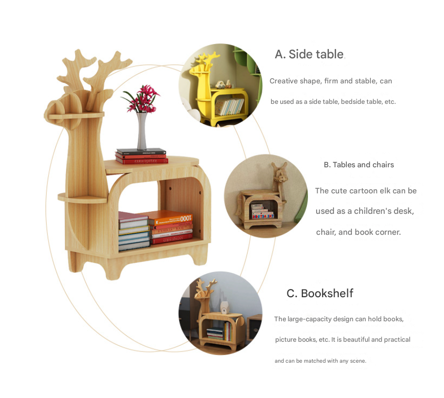 Pink Small Creative Reindeer-Shaped Solid Wood Bookshelf for Kids - Image 3