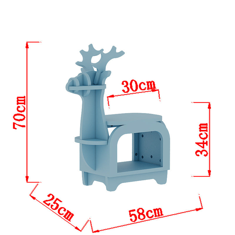 Blue Small Creative Reindeer-Shaped Solid Wood Bookshelf for Kids