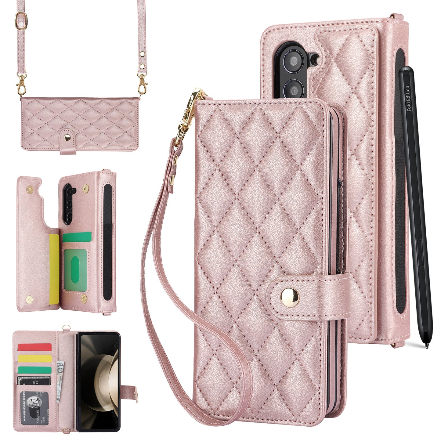 Rose Gold Galaxy Z Fold4 Multi-Functional Leather Wallet Case for Samsung Z Fold Series - Crossbody with Pen Slot, Quilted Design Pen Not Included