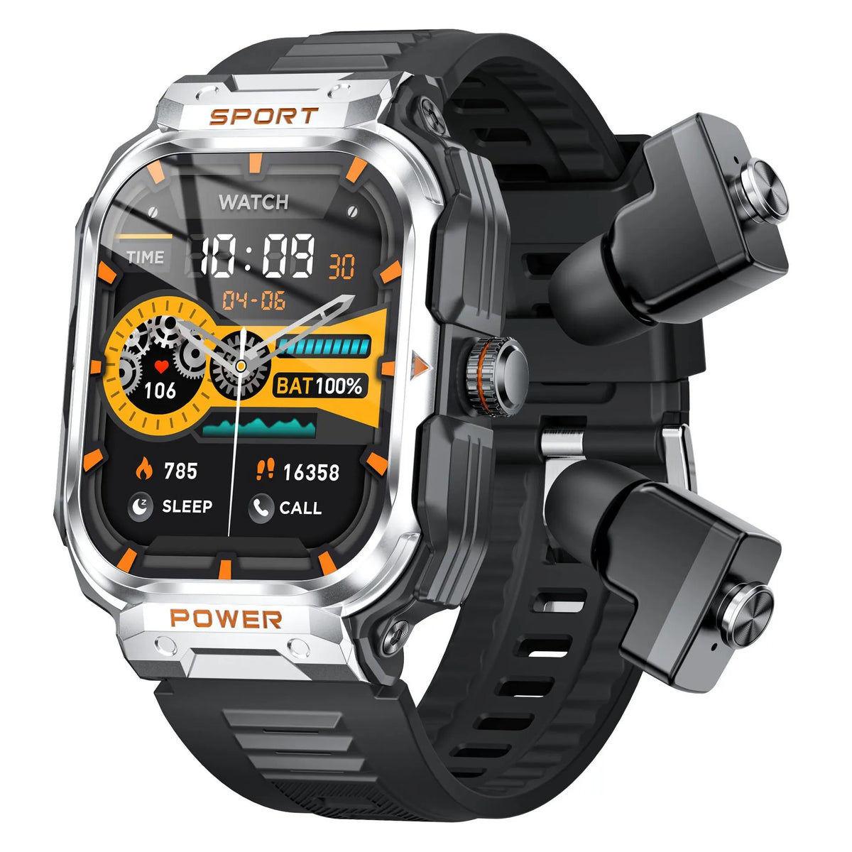 Silver 2-in-1 Smartwatch with Earbuds and 2.01-Inch HD Screen for Sports