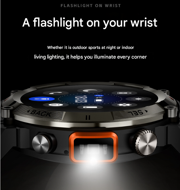 Black Outdoor Smartwatch with 1.45-Inch HD Round Screen and Flashlight - Image 3