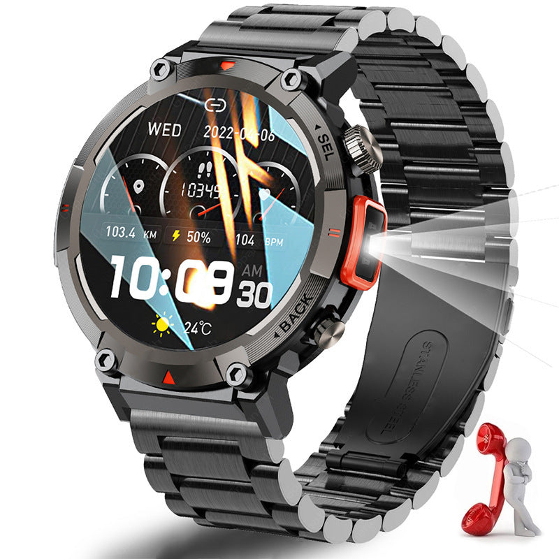Black-red Steel Belts Outdoor Smartwatch with 1.45-Inch HD Round Screen and Flashlight - Image 2