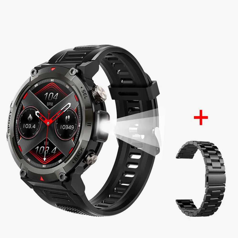 Black Steel Belts Outdoor Smartwatch with 1.45-Inch HD Round Screen and Flashlight