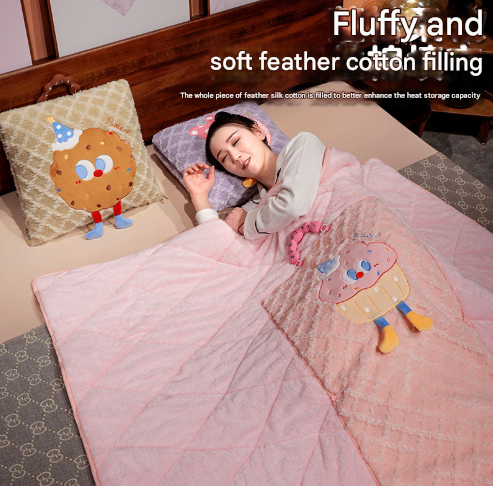 Khaki Thick Fleece Cartoon Cookie Pillow Blanket 2-in-1 for Winter Car and Office Use - Image 2