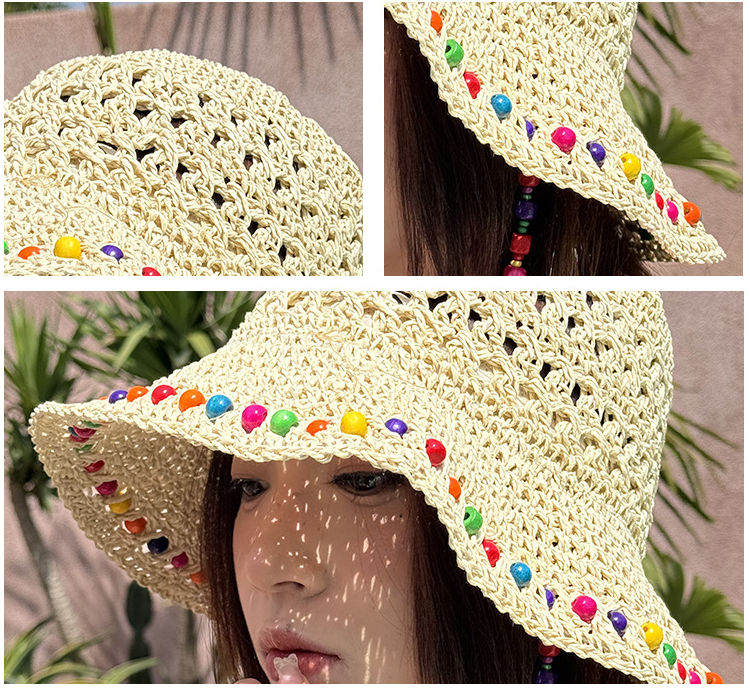 Khaki Colorful Wooden Bead Straw Hat for Women - Large Brim Sun Protection - Image 2