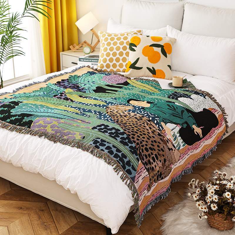 Buddhist Monastery INS-Style Illustrated Line Blanket - Multi-Use Design