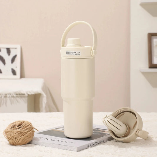 White 30oz Ceramic-Lined Insulated Tumbler with Handle, 735ml Stainless Steel Travel Mug