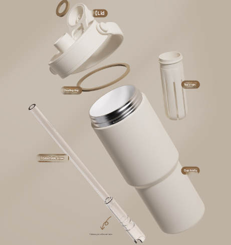 White 30oz Ceramic-Lined Insulated Tumbler with Handle, 735ml Stainless Steel Travel Mug - Image 2