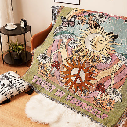Humen Face Sun Artistic Jacquard Throw Blanket - American Style Illustrated Sofa Cover & Tapestry - 130 x 160cm - Image 2