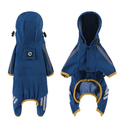M Blue And Gray Trim Waterproof Four-Legged Dog Raincoat with Leash Hole for Small Breeds