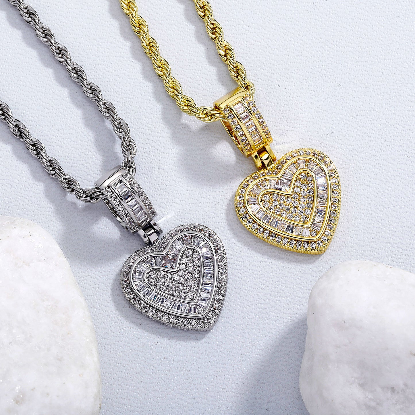 Iced Out Heart Pendant Necklace - 5A+ CZ Stones, 14K Gold Plated with Rope Chain(Silver) - Image 2
