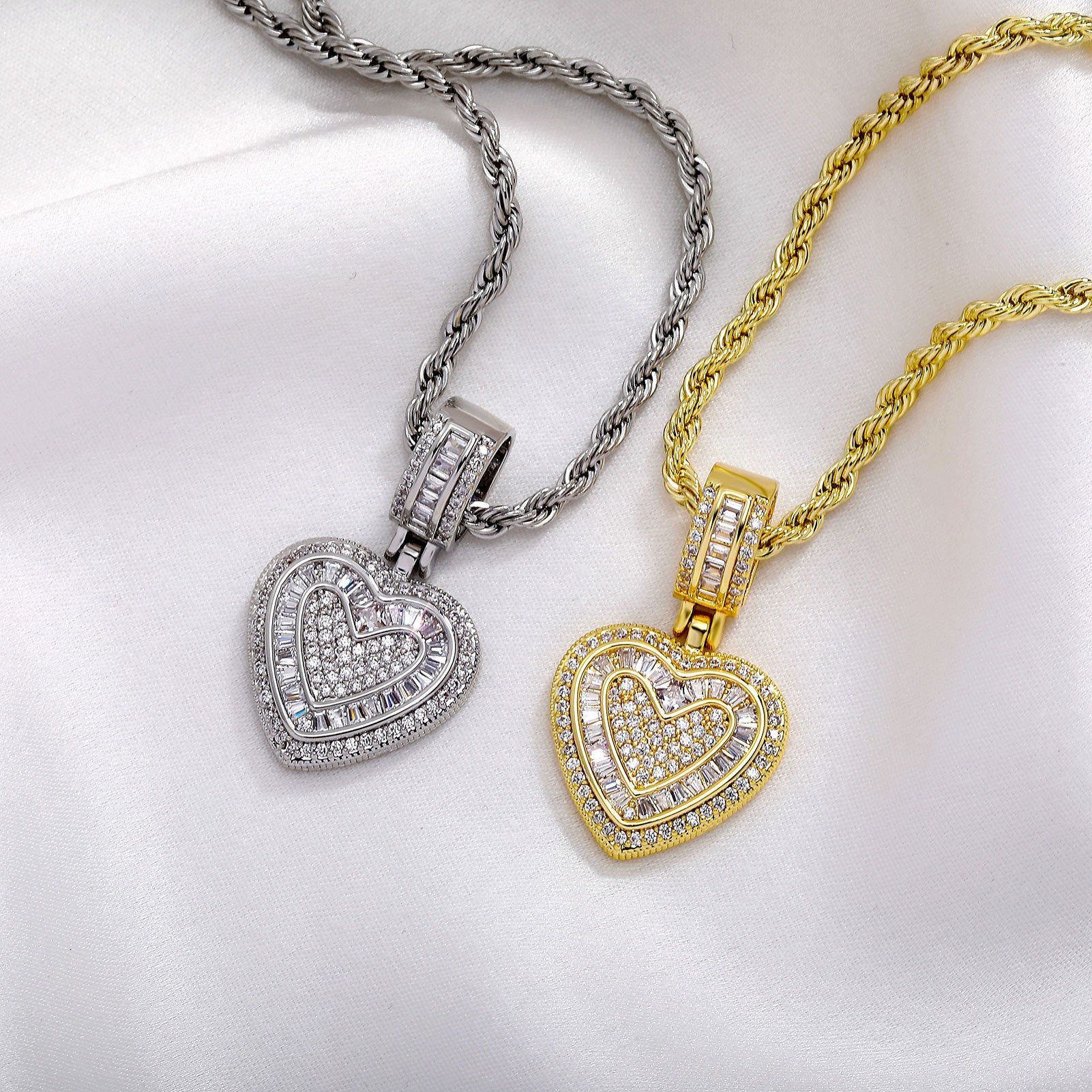 Iced Out Heart Pendant Necklace - 5A+ CZ Stones, 14K Gold Plated with Rope Chain(Silver) - Image 3