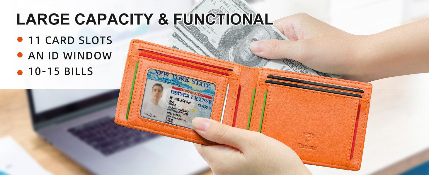 Men's Slim Leather Bifold Wallet - RFID Blocking, 11 Card Slots, ID Window(Carbon Yellow) - Image 6