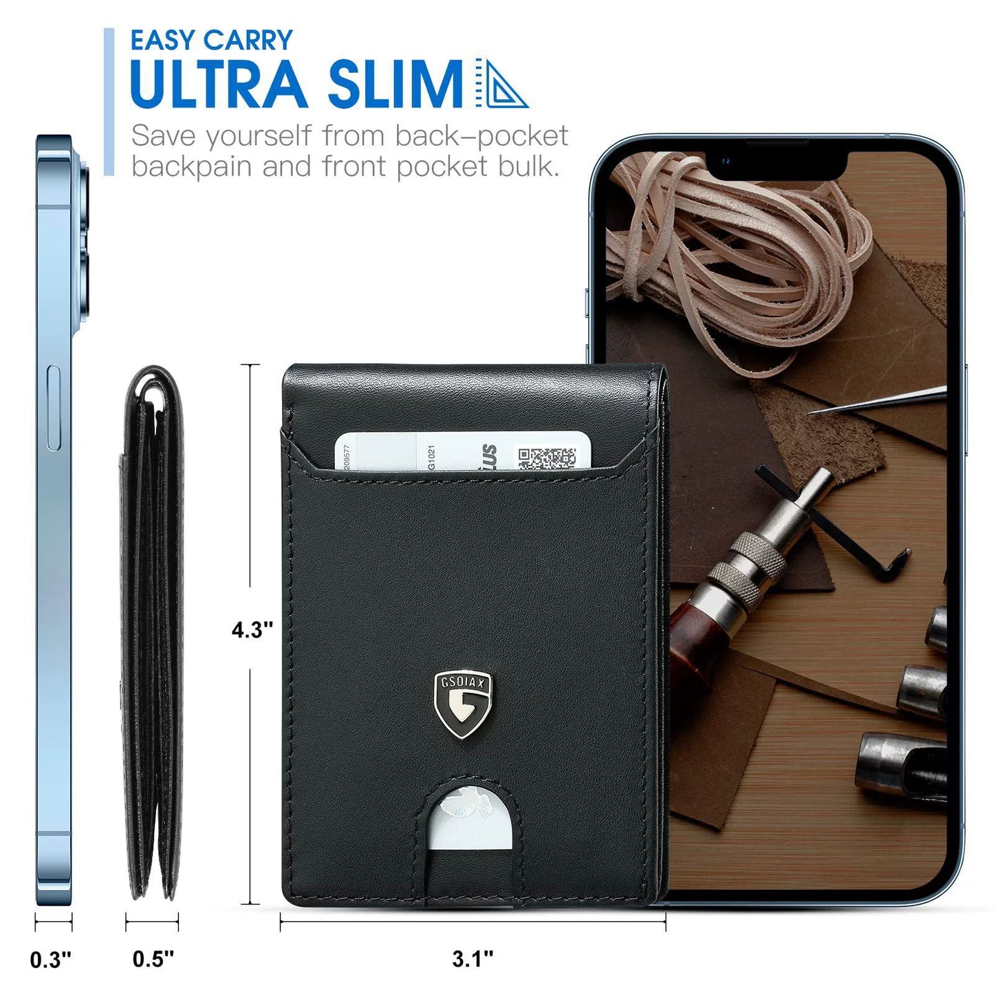 Men's Slim Leather Bifold Wallet - RFID Blocking, 11 Card Slots, ID Window(Carbon Green) - Image 3